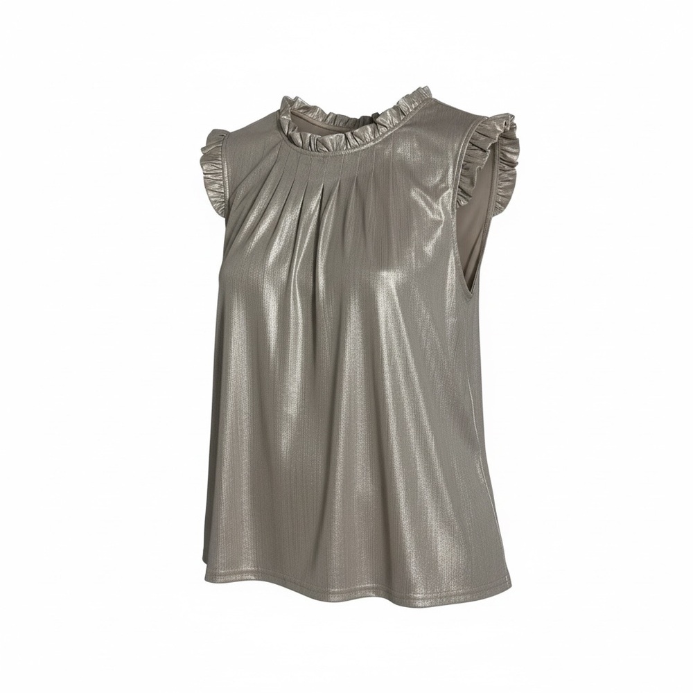 Nanette Lepore Metallic Ruffle Mock Neck Sleeveless Top - Silver